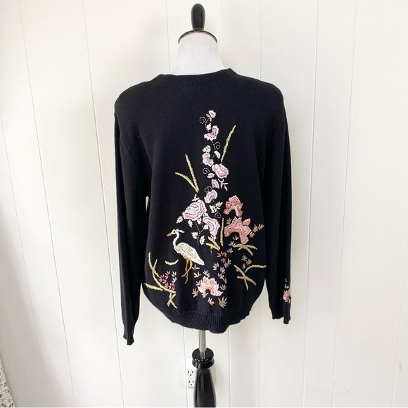 VTG Tierra International Sweater Black Embroidered Floral Knit Cardigan Size M - Picture 3 of 14